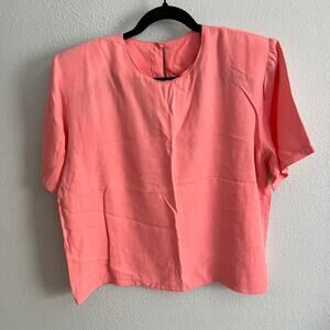 Vintage Expose Pink Blouse Round Neck Short Sleeve Shoulder Pad Sz M Women's